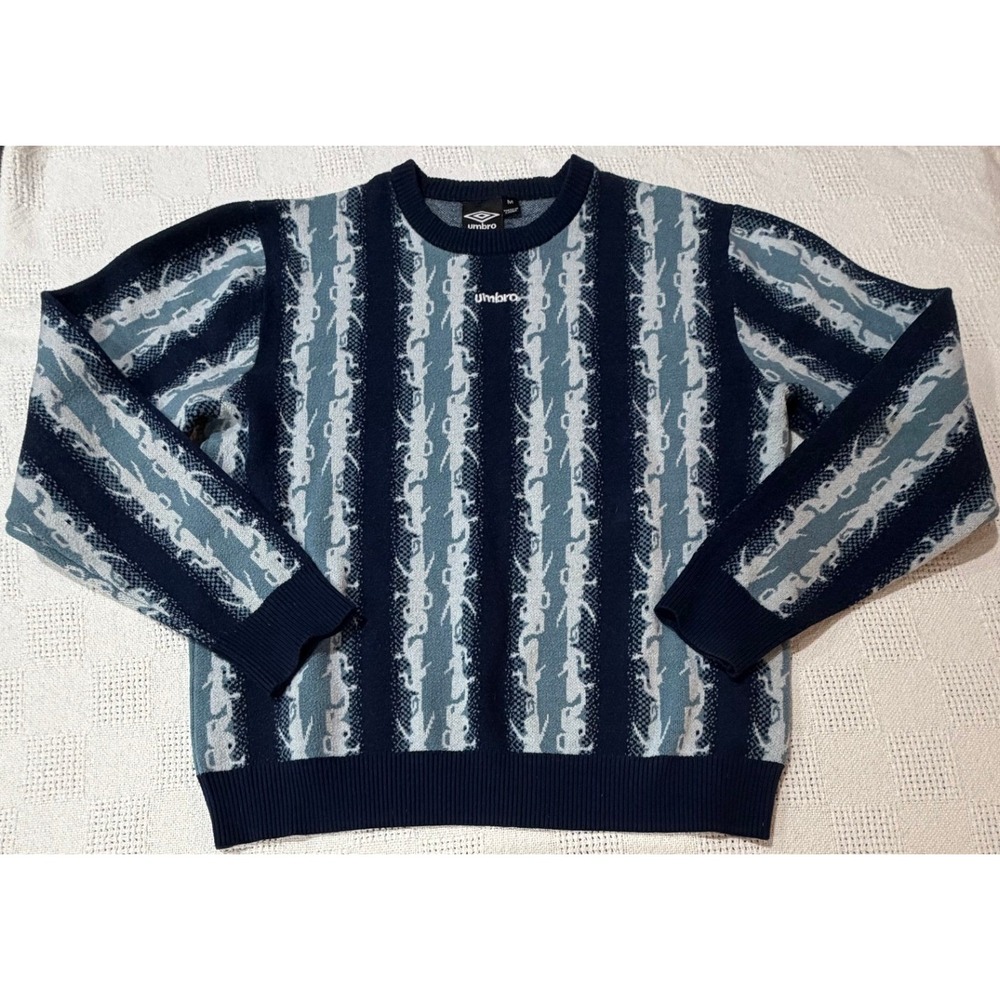 Umbro‎ Mens Knit Sweater Blue Navy Striped Graphic Logo Crewneck Pullover Size M